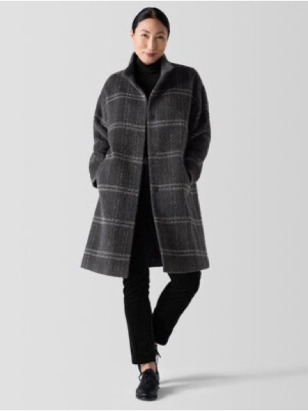 Eileen Fisher Plaid Stand Collar Alpaca & Wool Blend Coat
